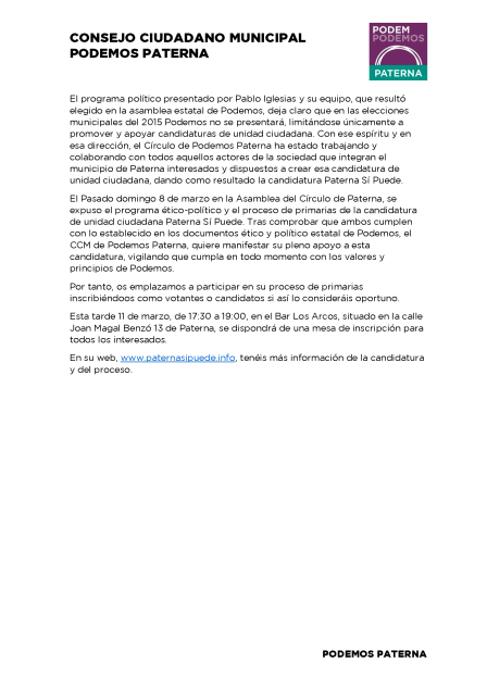 Comunicado CCM Podemos Paterna